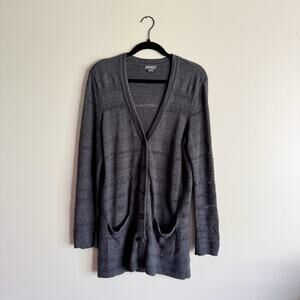 Eddie Bauer Grey Long Sleeve Printed Textured V Neck Pocket Front Cardigan - L